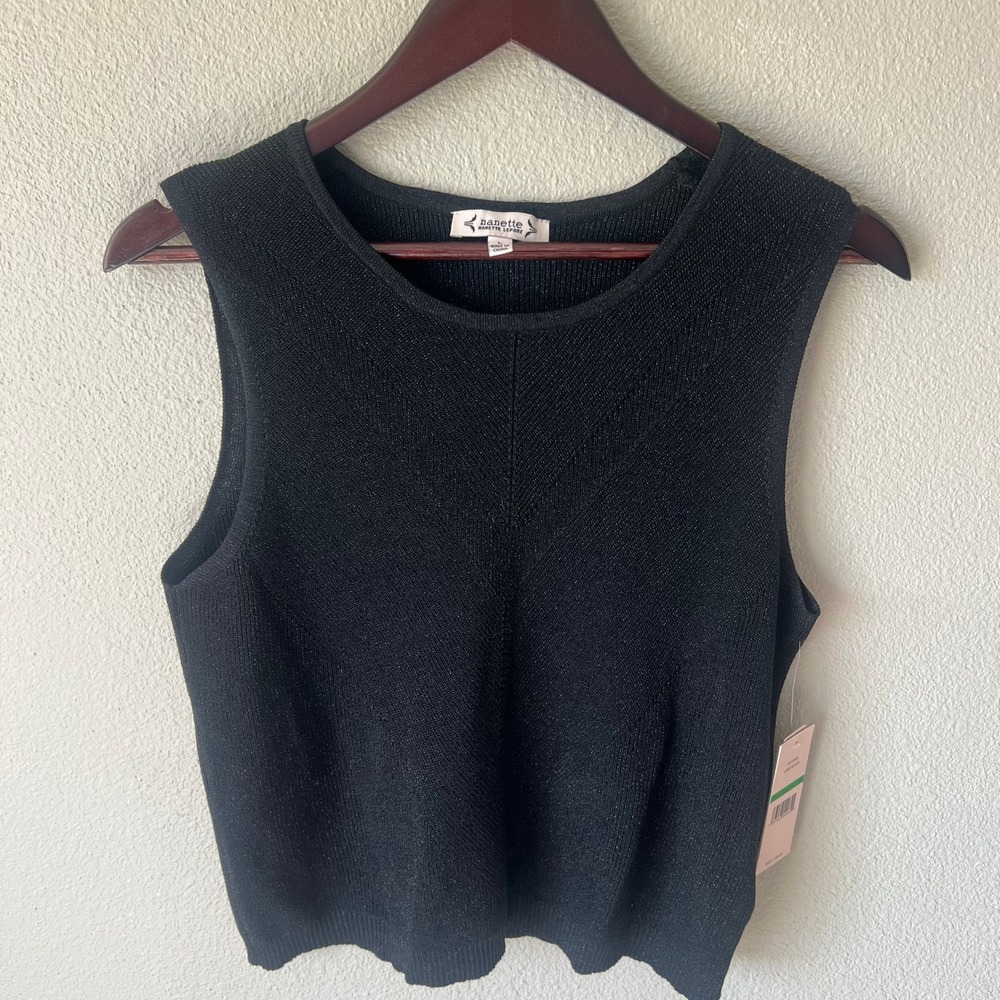 Nanette Lepore Womens Shimmer Knit Sleeveless Shell Top Black Large 7S14TA4 NWT‎
